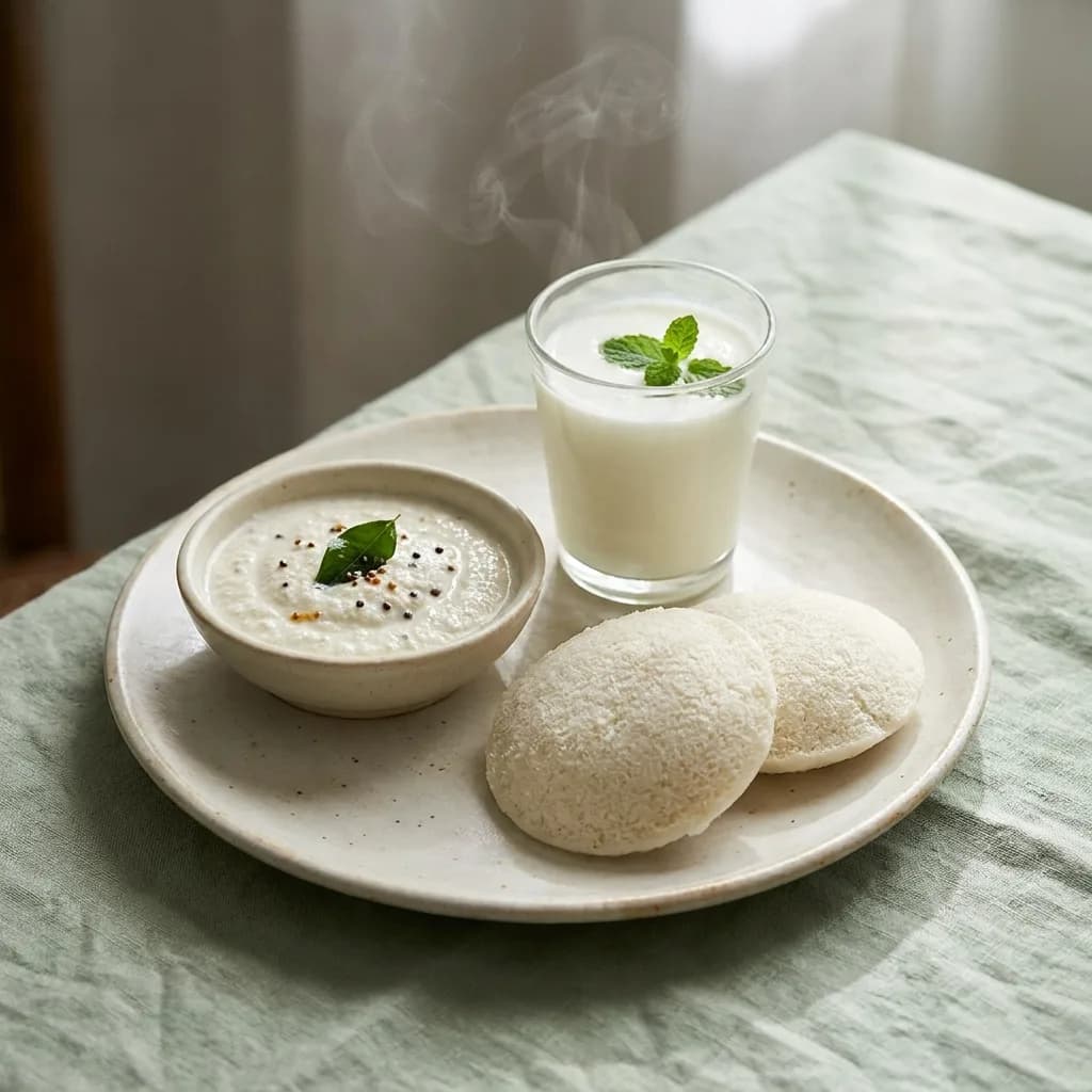Idli with coconut chutney and a glass of buttermilk.