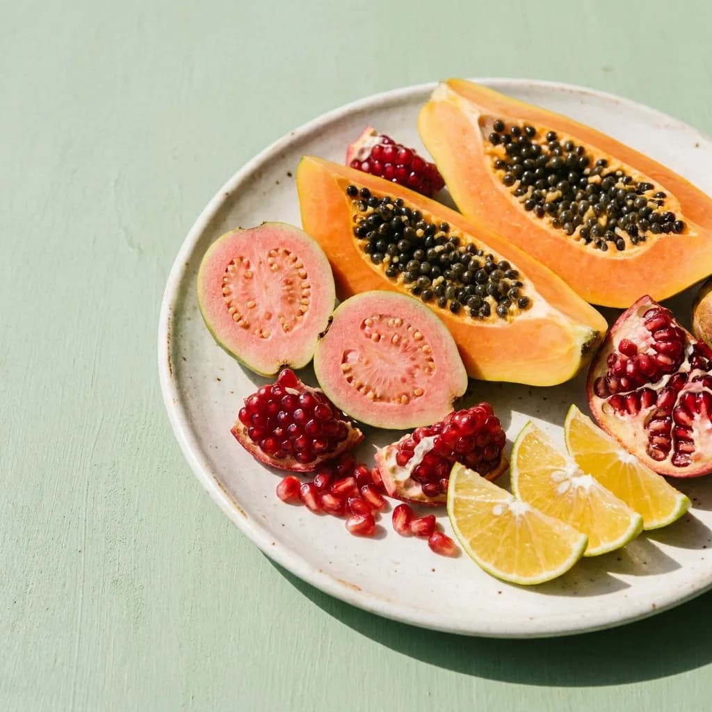 Sliced papaya, guava, pomegranate and sweet lime on a plate.