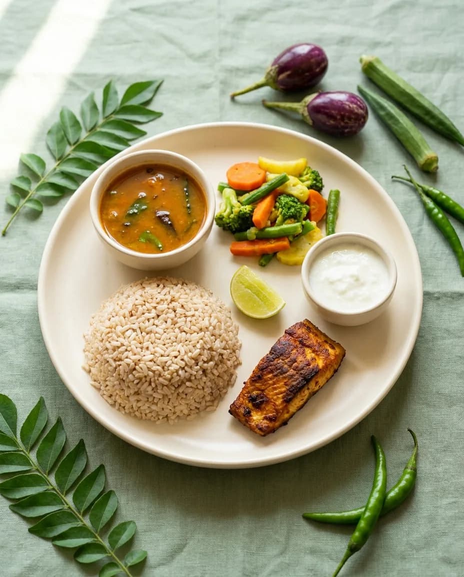A balanced home-cooked meal: a portion of rice, a bowl of dal, steamed vegetables, grilled fish and yoghurt.