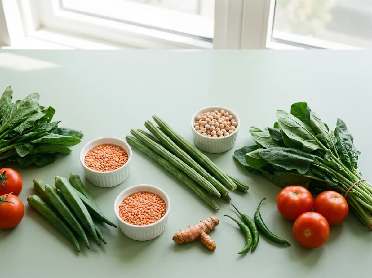 Fresh Indian vegetables and pulses: okra, drumsticks, spinach, tomatoes, lentils and chickpeas.